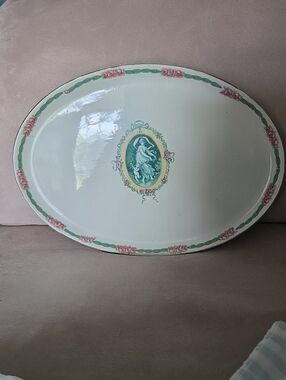 Oval Porcelain Serving Platter in Cream with Pink & Green Floral Motif W/ Cherub